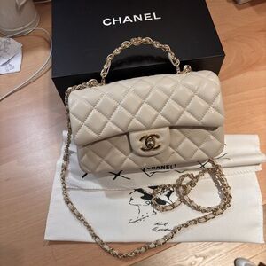 CHANEL Quilted Top Handle Shoulder Bag in Cream with Gold Hardware